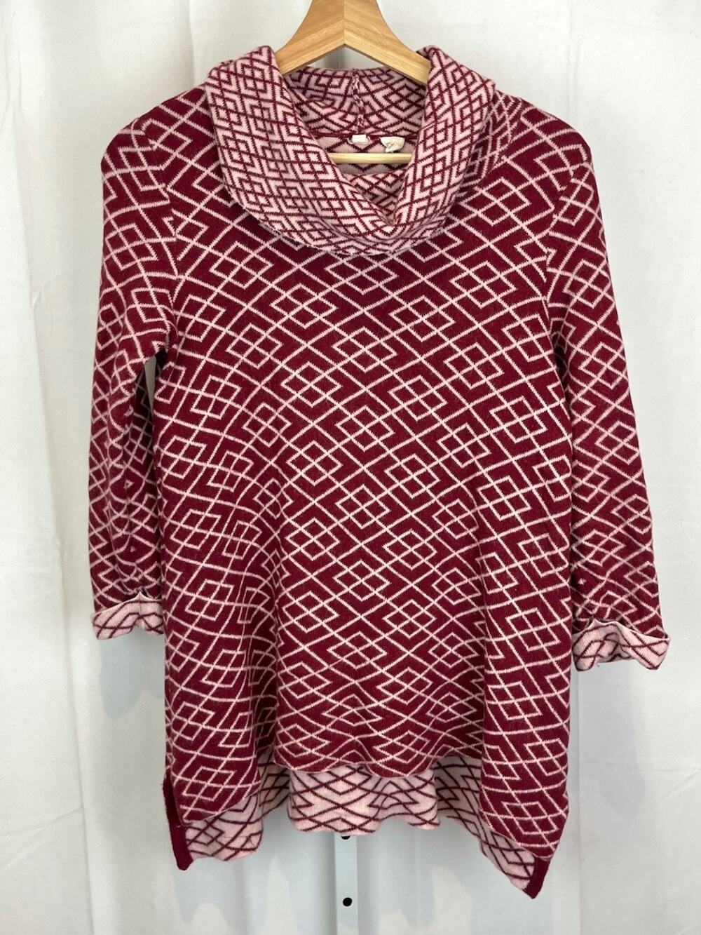 MOTH Anthropologie XS Galena Cowl Neck Geometric Sweater Alpaca Blend Red Pink